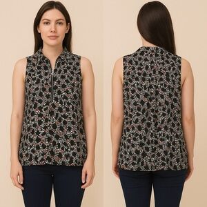 Michael Kors Black Floral Zip-Front Blouse